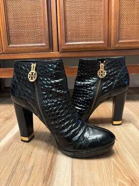 Tory Burch Leigh Croc-Embossed Leather Platform Ankle Boots